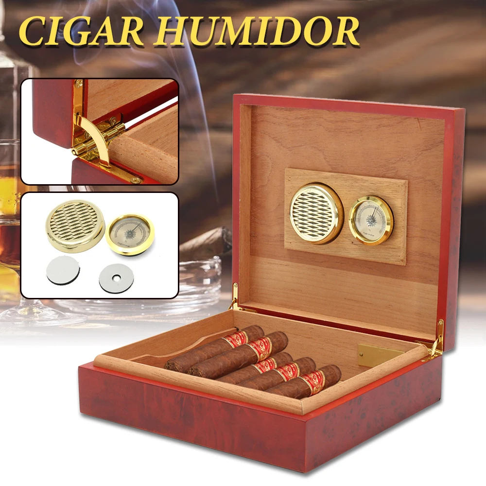 

20 Count Cigar Humidor Box Brown Cedar Wood Lined Portable Cigar Humidor Humidifier With Hygrometer Case Box Moisturizing Device