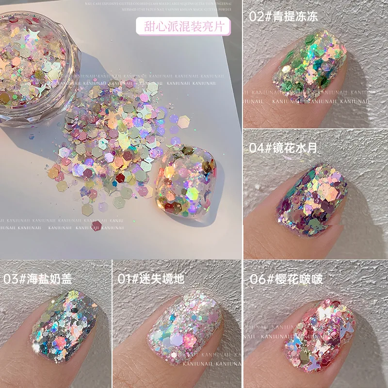 

Highlighting Korean Nail Sequin Super Bright Holographic 3D Glitter Accessories 2023 Summer Fantasy Stick On Nails Decoration HJ
