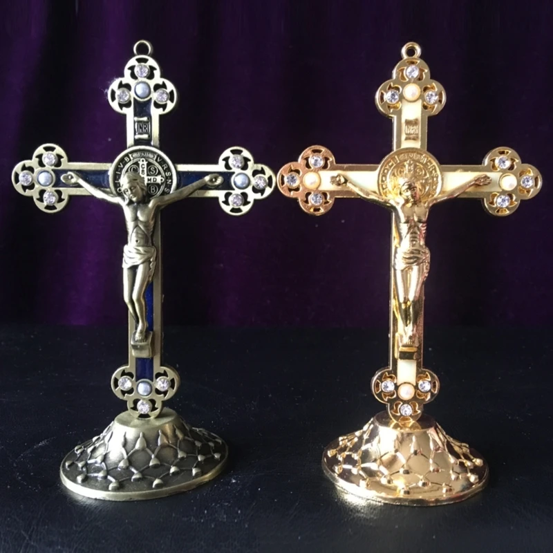 

KX4B Orthodox-Cross Jesus Decoration Religous Christian Church Prayer Utensil Crucifix Metal Stand Ornament Devout Gift