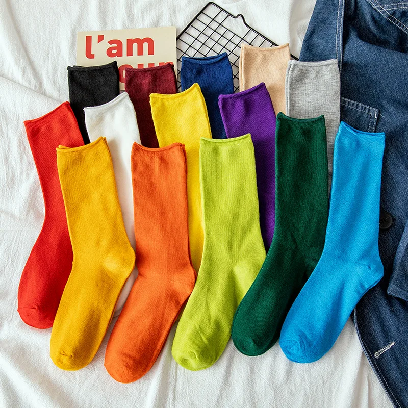 

Solid Color Kawaii Stockings Socks Women's Sports Woman Clothes Versatile Harajuku High Top Simple Curling Cotton Underwear