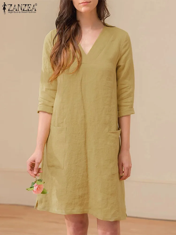

Элегантный женский однотонный хлопковый сарафан с V-образным вырезом и рукавом 3/4, модное осеннее платье ZANZEA, повседневное свободное платье ...