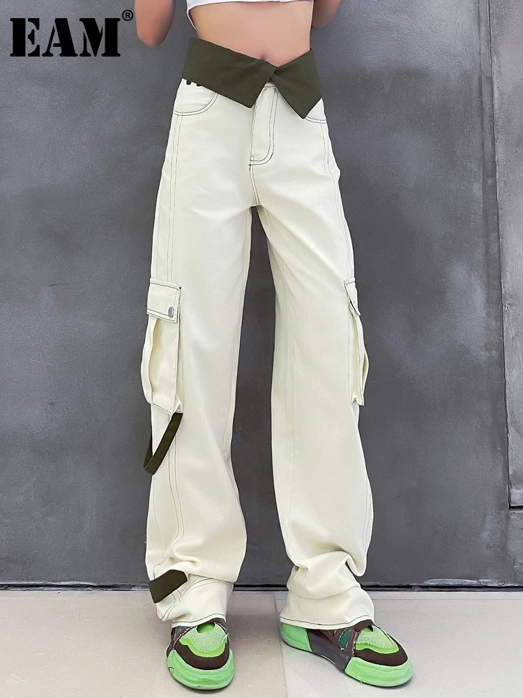 

[EAM] High Waist Green Color-block Long Wide Leg Trousers New Loose Fit Pants Women Fashion Tide Spring Autumn 2022 1DE9568