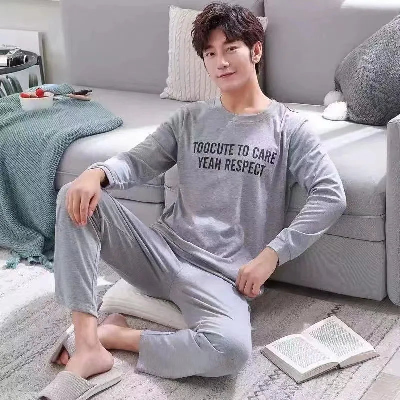 Spring Autumn Pajamas for Man Fashion Faux Cotton Long Sleepwear Sets Geometric Striped Home Clothes