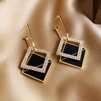 luxury trend black color geometric double square hoop earrings for women korean fashion statement rhinestone earring jewelry