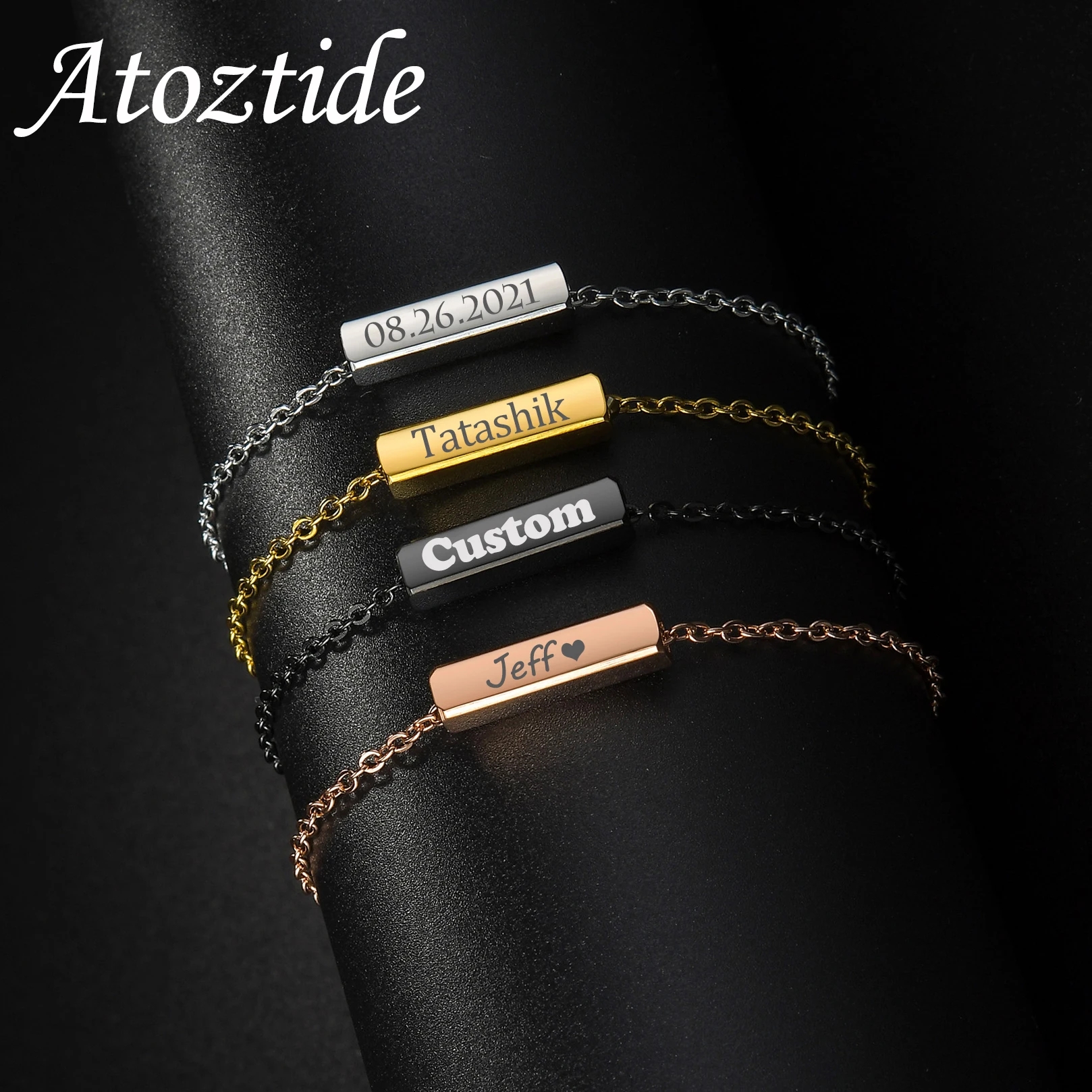 

Atoztide Personalized Engrave Name Bracelet For Men Women Stainless Steel Square Bar Adjustable Link Chain Family Jewelry Gift