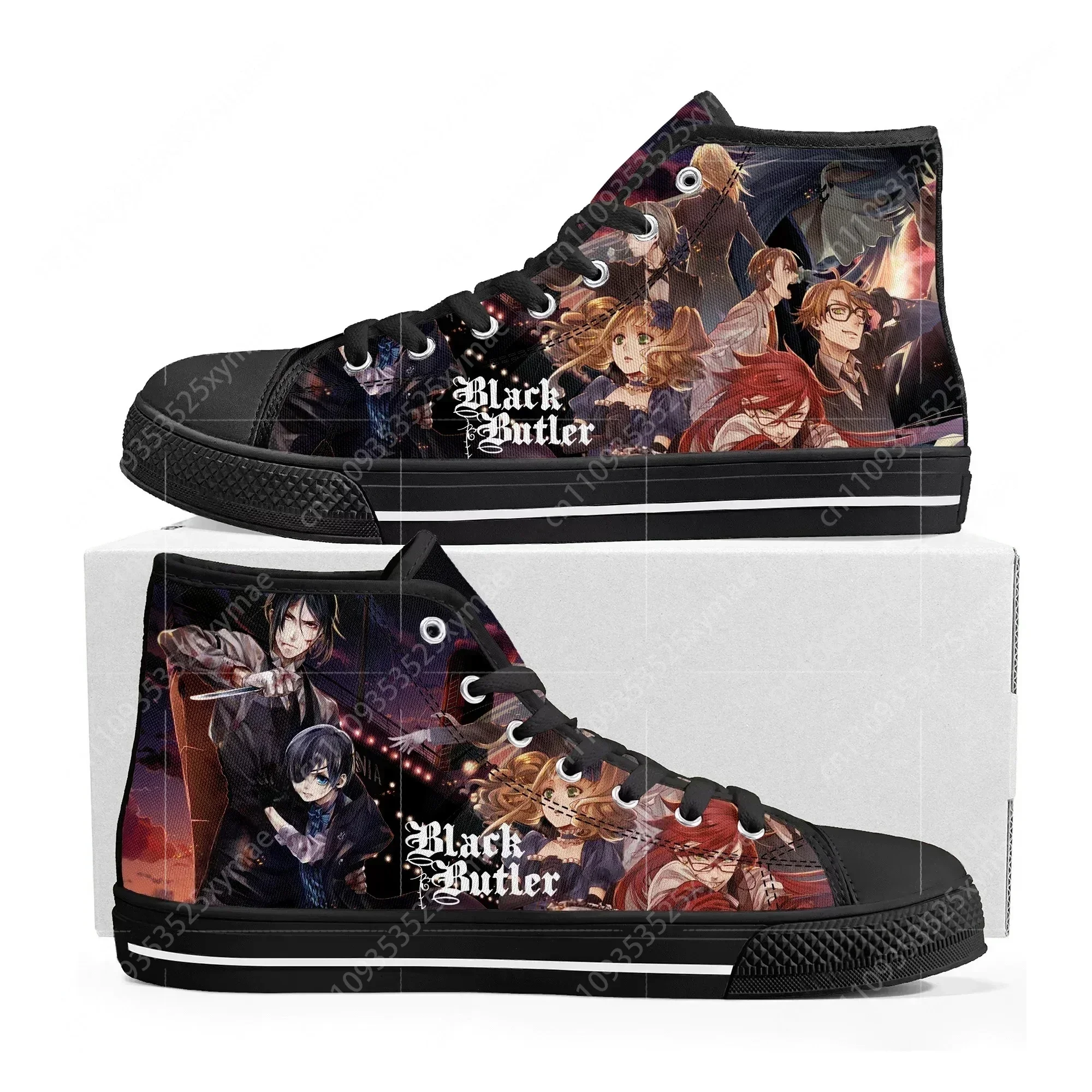 Фото Кроссовки Black Butler High Top для мужчин, женщин и подростков, высококачественные кеды из канваса, повседневная обувь в стиле японского аниме, изготовленная на заказ №2
