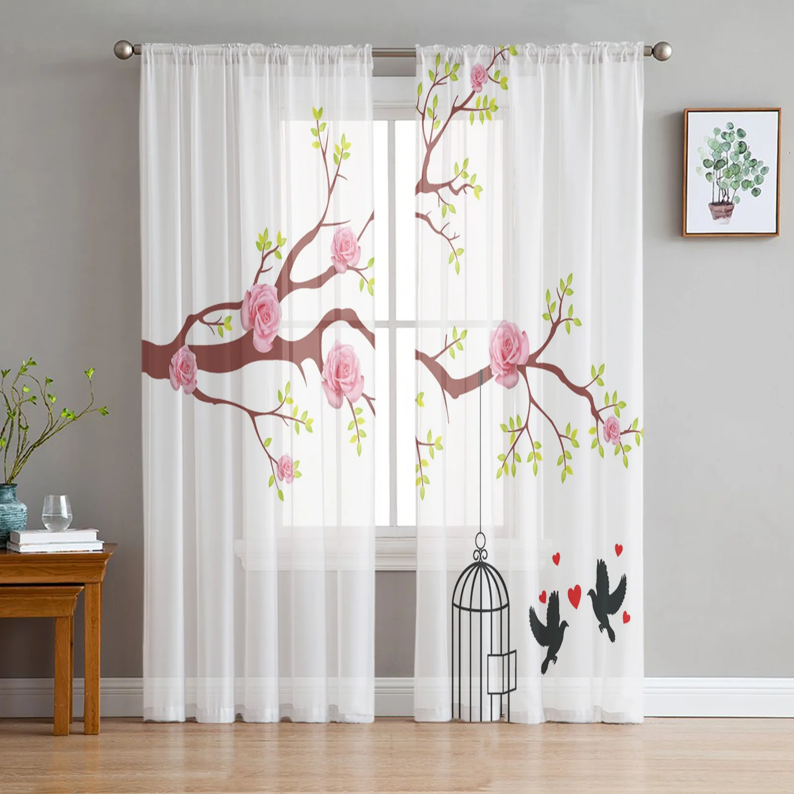

Rose Branch Bird Love Tulle Curtains for Bedroom Balcony Home Decor Sheer Curtain for Kitchen Living Room Windows Printed Drapes