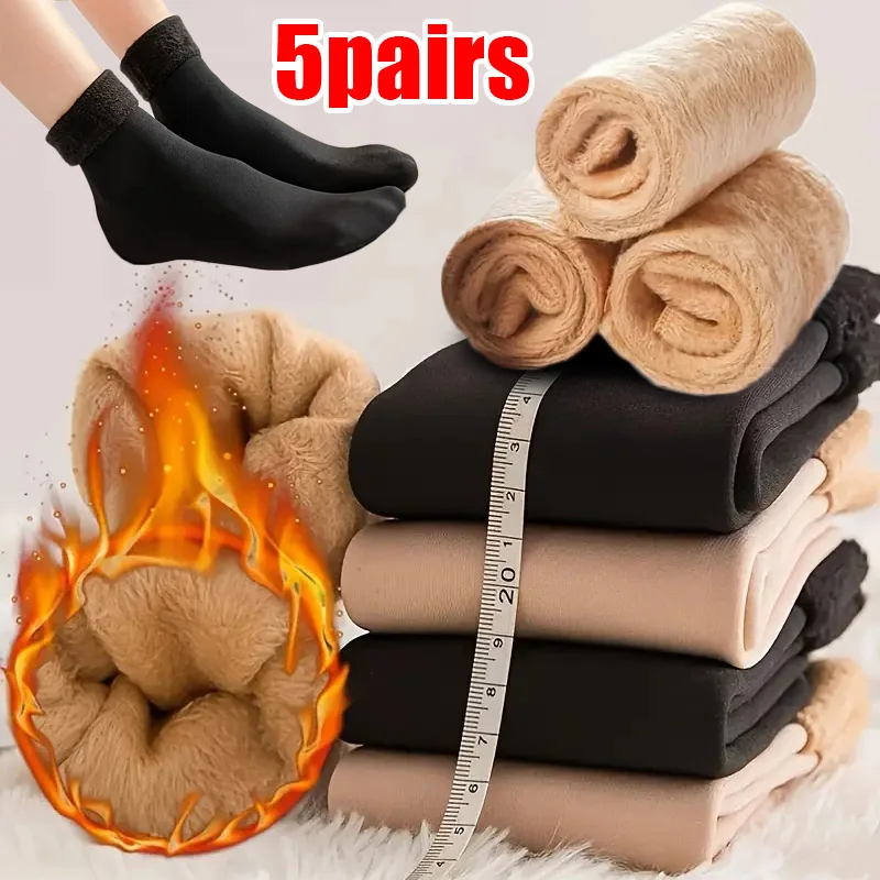 

5Pairs Women's Winter Boots Thermal Wool Cashmere Socks Warm Solid Fleece Lined Sock for Female Home Thicken Floor Stocking