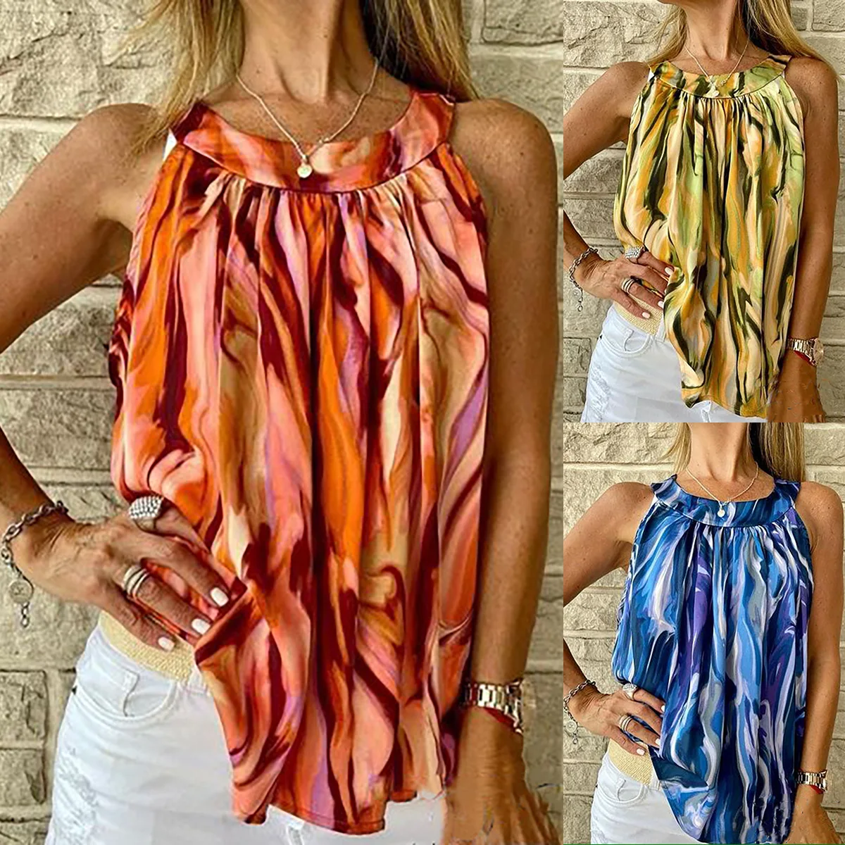 

Summer Women Print Tank Top Round Neck Sleeveless Vest Ladies Casual Sexy New