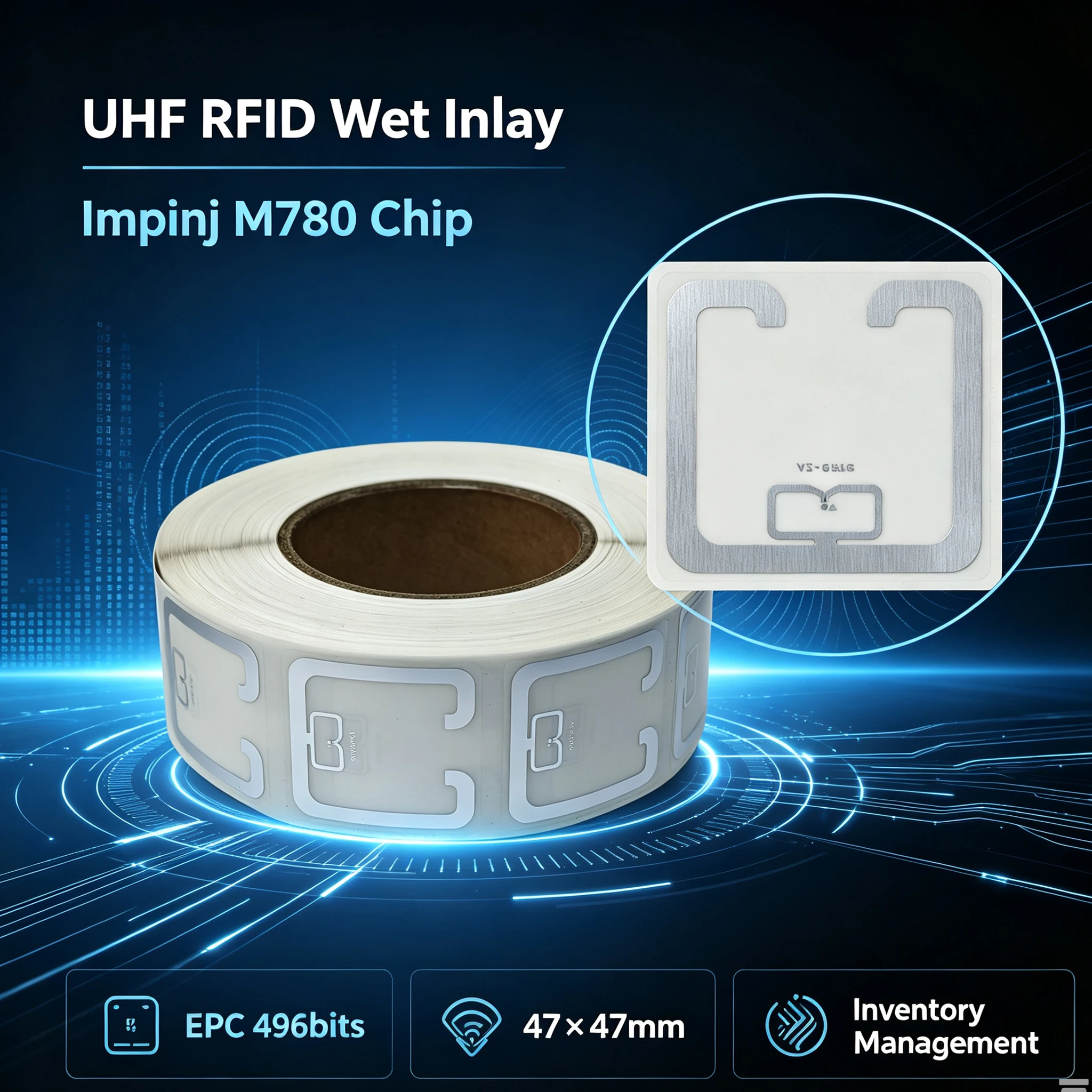 Фото UHF RFID-наклейка Impinj M780, пассивная метка 915 МГц, 900-868 МГц, 860-960 МГц, EPCC1G2 6C, умная клейкая пассивная RFID-метка. №2