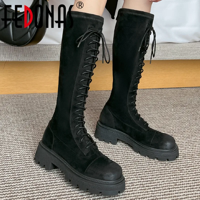 

FEDONAS Neutral Fashion Women Knee High Boots Autumn Winter Newest Outdoor Casual Thick Heels Shoes Woman Cross-Tied Long Boots