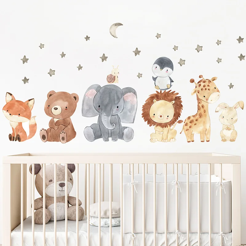 

Watercolor Cartoon Cute Africa Animals Wall Stickers Elephant Giraffe Bear Fox Kids Room Wall Decals Decorative Sticker for Wall