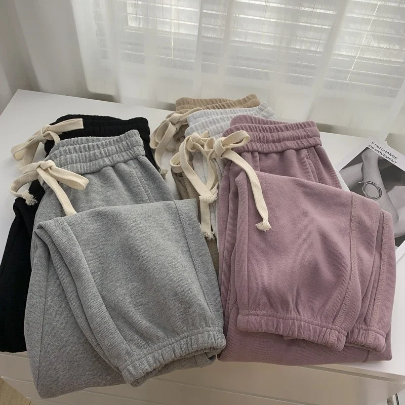 

2023 spring autumn Thick Women Sweatpants High Waist Drawstring Brushed Loose Casual Pants Nine-point Cropped Sweatpants