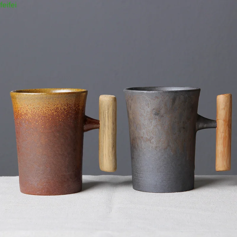 

300ml Vintage Crude Ceramic Coffee Mug Tumbler Rust Glaze With Wooden Handgrip Tea Milk Beer Water Cup Home Office Drinkware