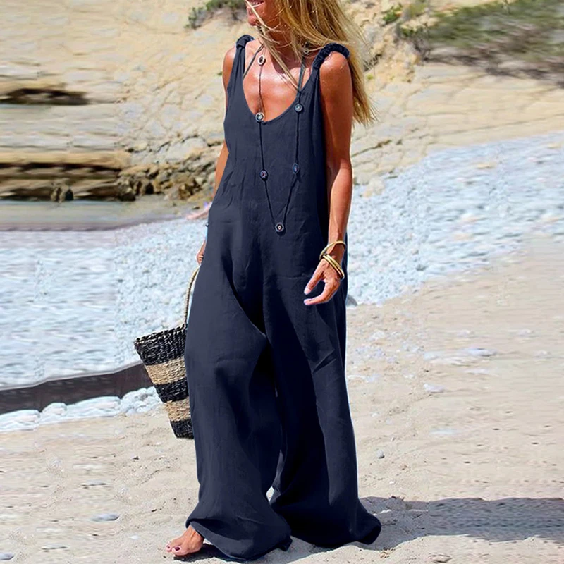 Женский комбинезон из хлопка и льна Свободный свободные брюки в стиле преппи