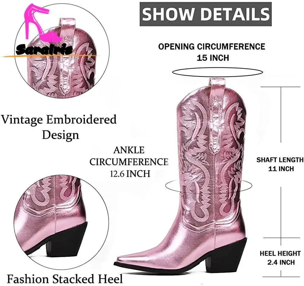 Vintage Cowboy Western Boots 2023 Hot Fashion Embroidery Mid Calf Boots Autumn Winter High Quality Comfy Walking Women's Boots