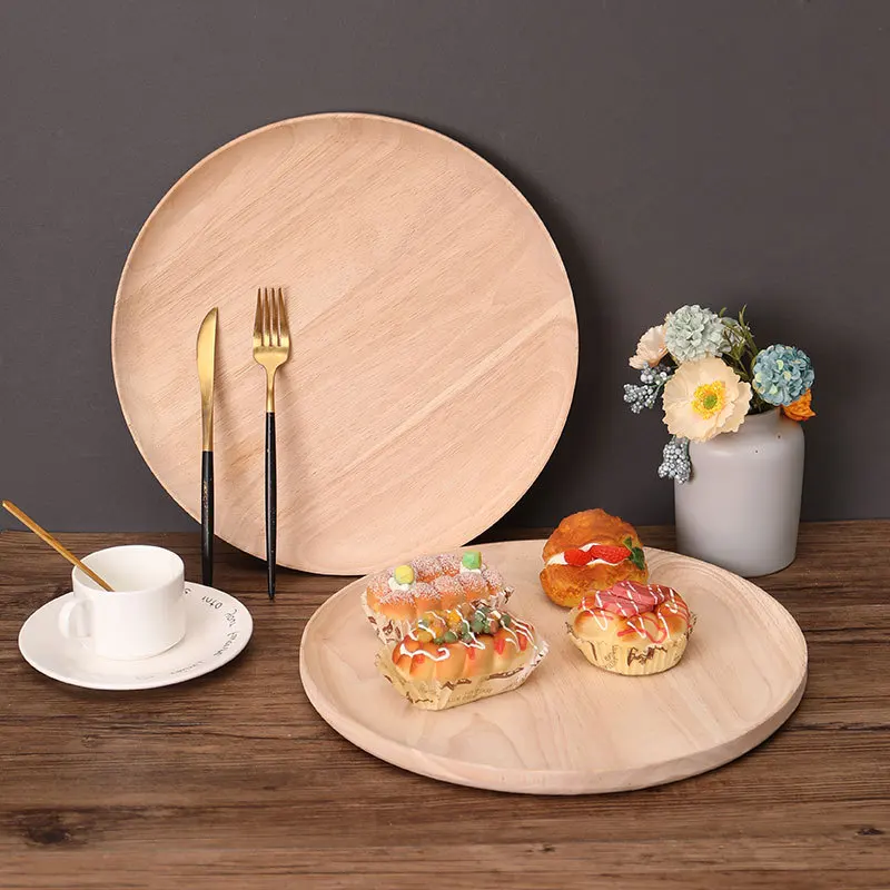 

2PCS Rubber Wood Serving Plate,Round Serving Tray,Fruit Dessert Cake Snack Candy Salad Platter Natural Decorative Tray,Ottoman
