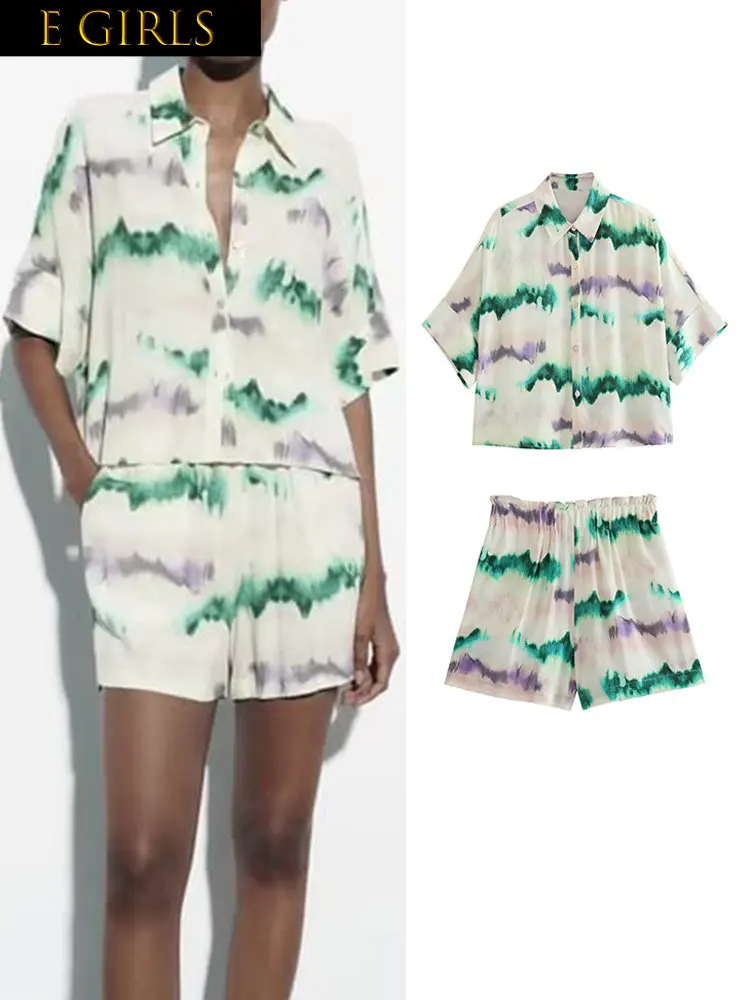 

E GIRLS Fashion Women Tie Dye Shorts Sets Summer Short Sleeve Single Breasted Tops High Waist A-line Shorts Two Colors