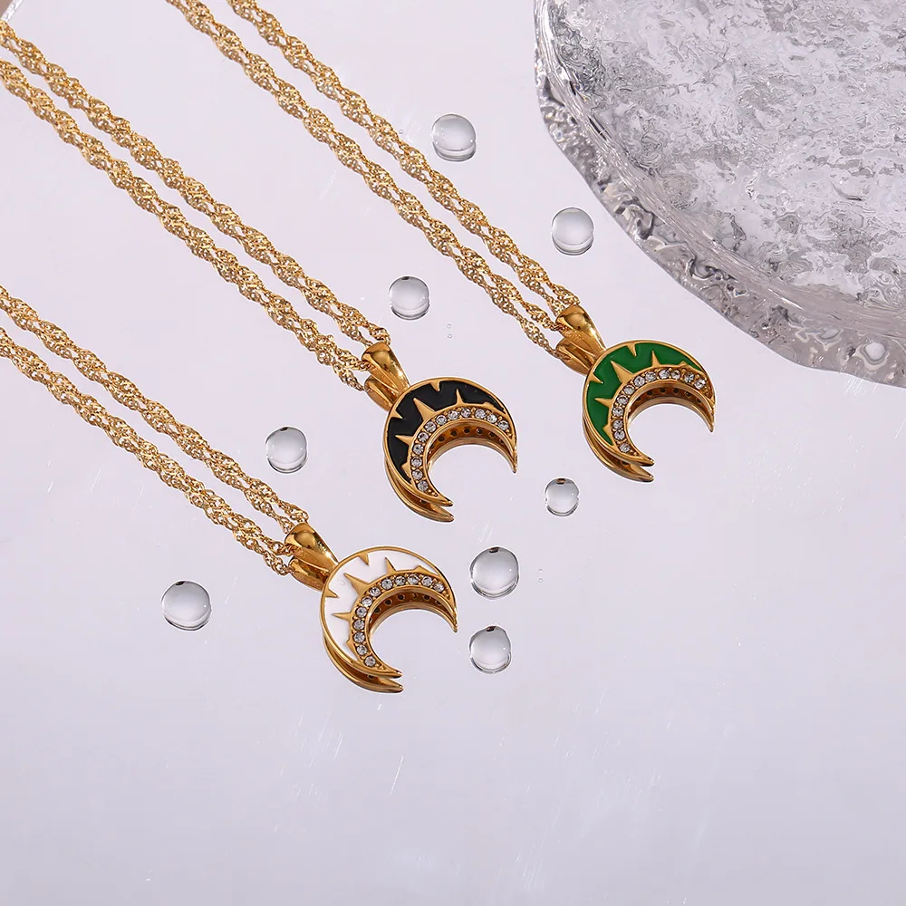 

Bling Cubic Zirconia Dripping Oil Moon Pendant Stainless Steel Collar Necklace Gold Color Texture Creative Stylish Jewelry