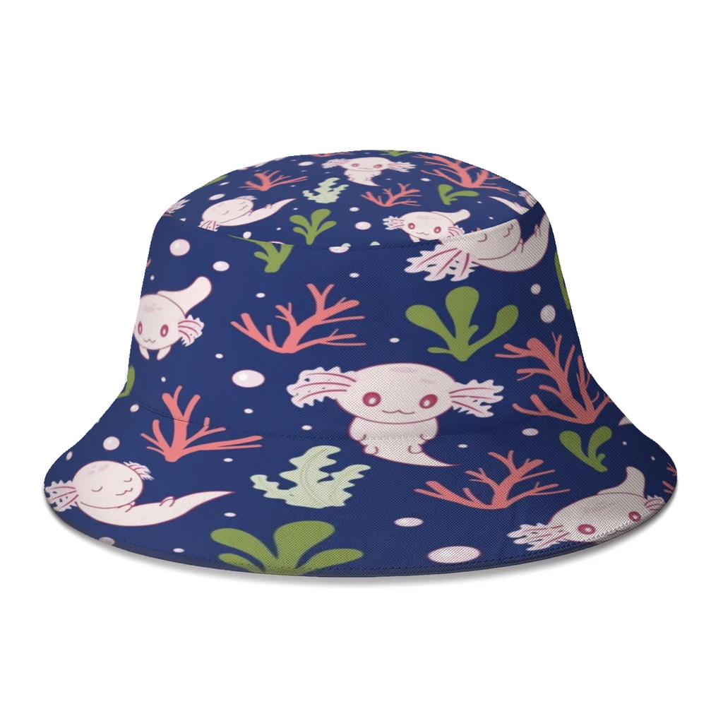 

Summer Unisex Hip Hop Bucket Hats Cute Axolotl Women Men Fisherman Hats Cartoon Salamander Autumn Outdoor Travel Sun Hat for Bob