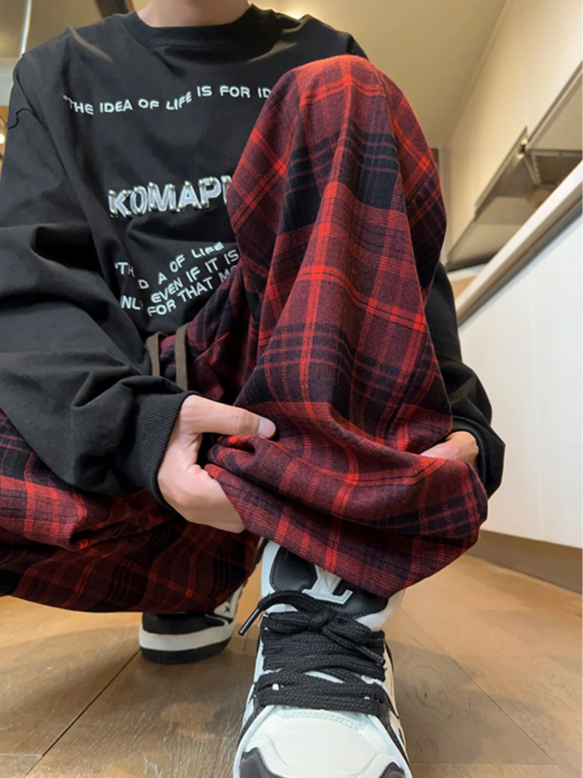 Light Brown Plaid Casual Pants Men's 2024 Spring and Autumn New Loose Straight Design High Street Wide Leg