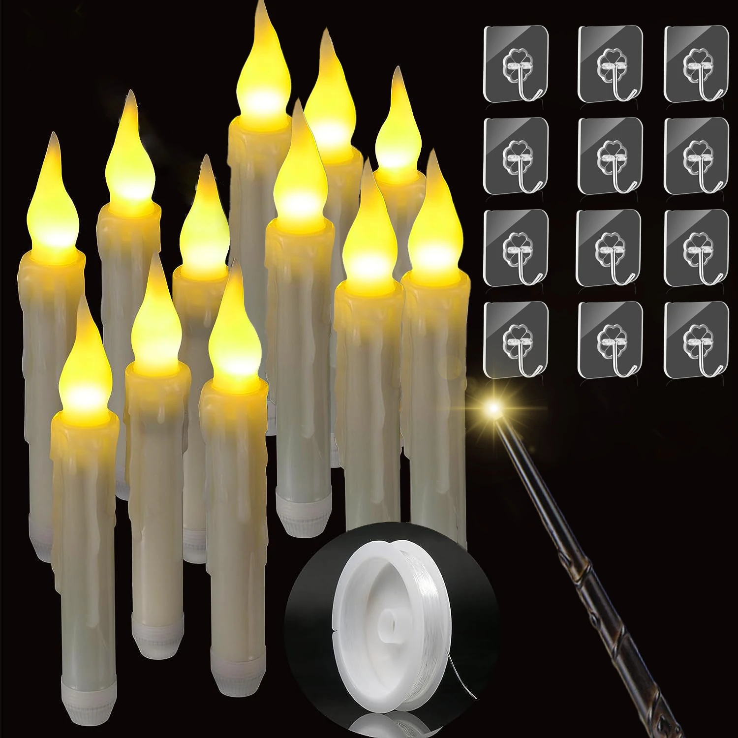 LED Floating Candles with Wand Magic Flameless Hanging Candles Flickering Warm Light Candle for Halloween Birthday Party Decor
