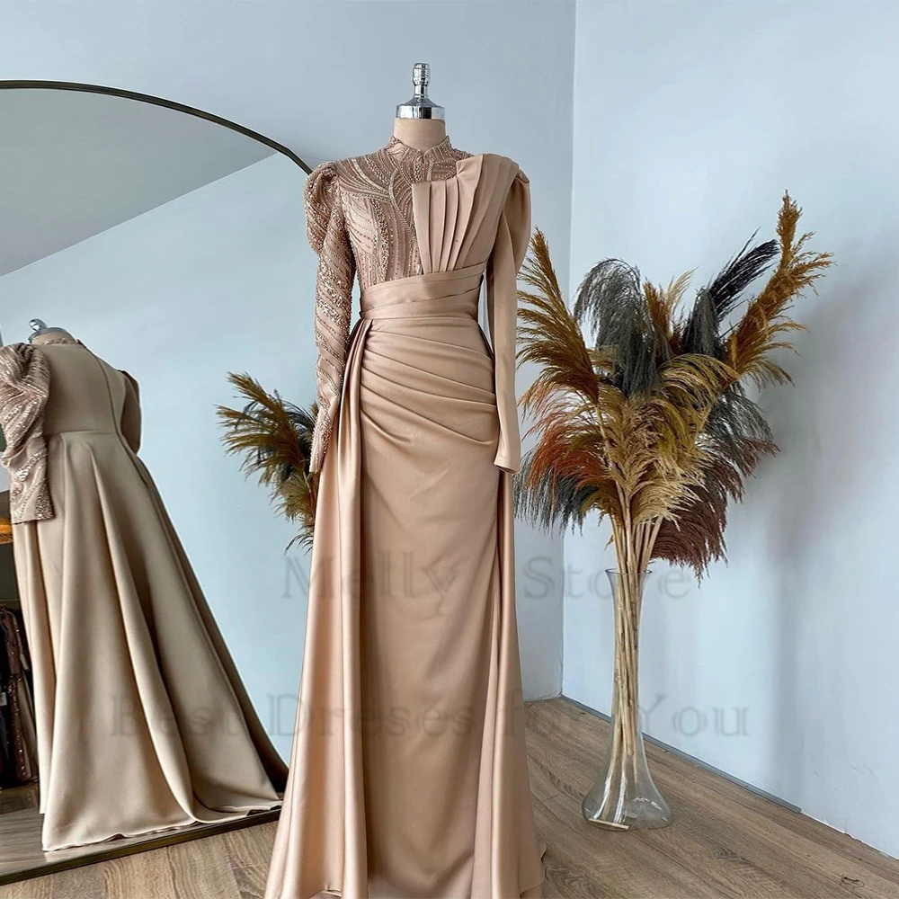 

Champagne Full Sleeve Evening Dresses with Beading 2023 Pleat Satin Prom Gowns Pleat Court Train Vestido De Noche Summer