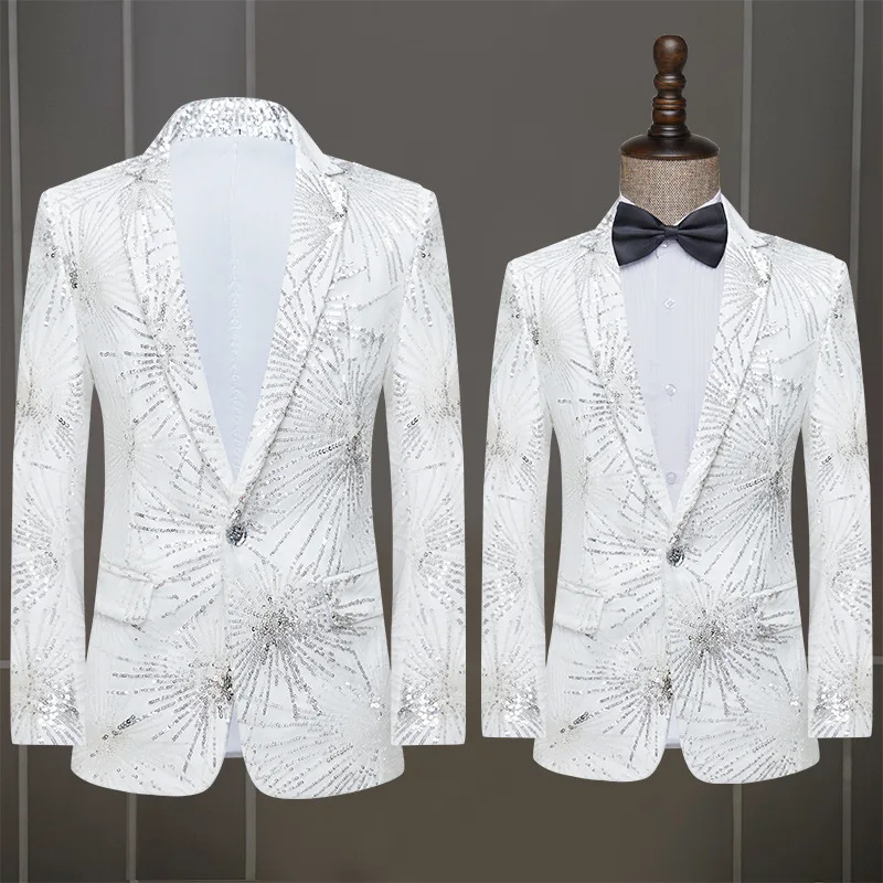 

Men's Singer Sequins Blazer Performance Costume White Shiny Stage Show Dance Host Tuxedo Nightclub Bar Party Banquet Suit Jacket