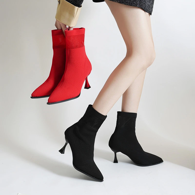 

2023 New Fashion Women Ankle Boots Pointed Toe High Heel Stiletto Soft Suede Slip-on Boot Black Red Cozy Botas Flock high heels