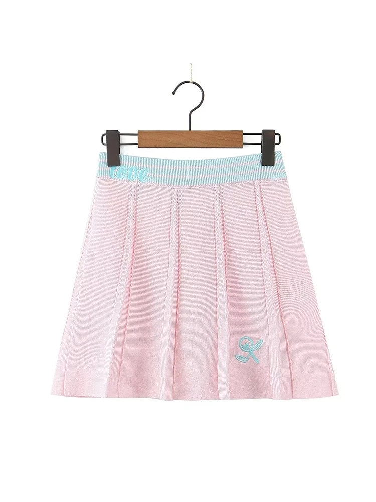 

YENKYE Autumn Women 2022 Preppy Style Pink Knit Skirt Vintage Elastic Waist A-line Mini Skirt