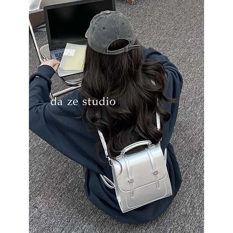 

Fashion Y2k School Backpack for College Students 2023 New Vintage Silver Women Backpack Commuters Office Lady Handbag Mochilas