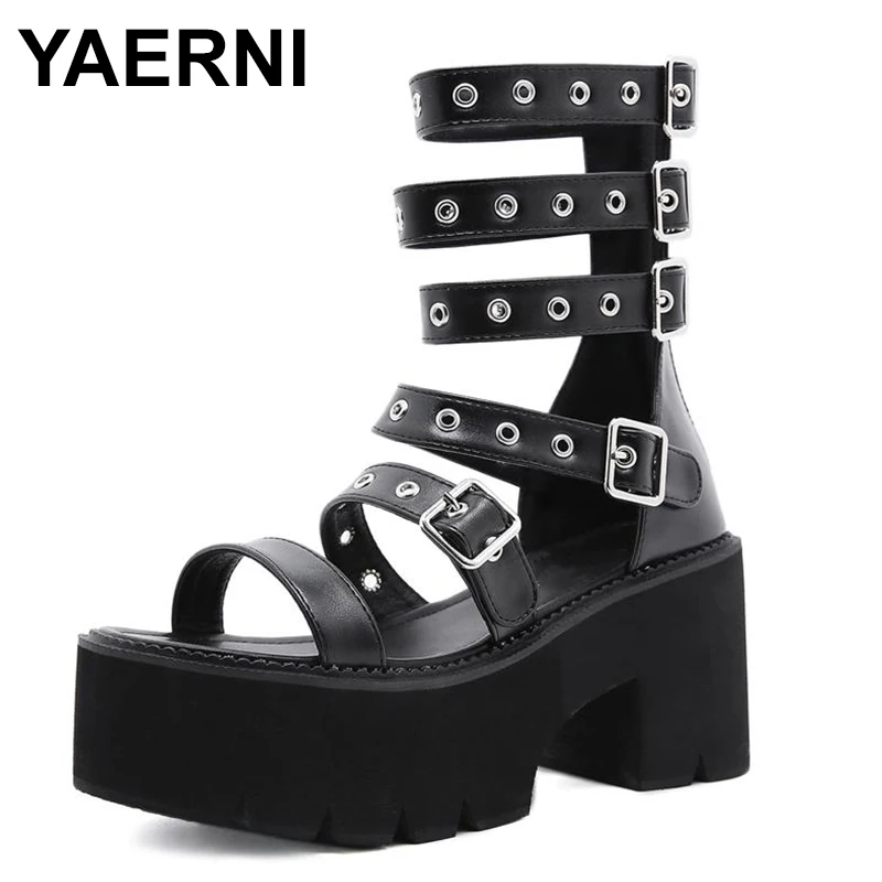 

High Heels Women's Sandals 2023 Summer New Plus Size 35-43 Chunky Platform Sandals Punk Style Belt Buckle Roman Sandals