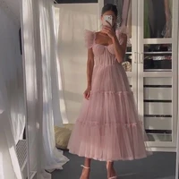 princess layer tulle prom dresses very fluffy light pink tea length prom gowns corset top a line short formal party dresses