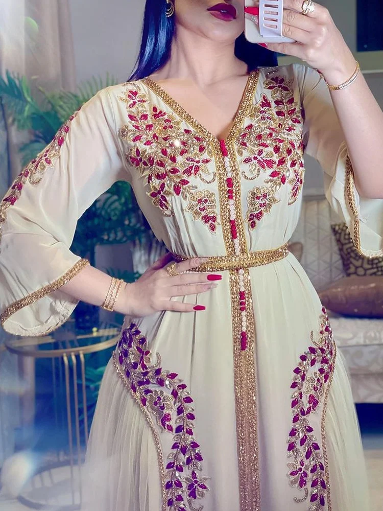 Kaftan Caftan For Women Dubai 2022 Latest Dress V-neck Chiffon Embroidered Belt Luxurious Turkish Evening Dress Ramadan Abaya