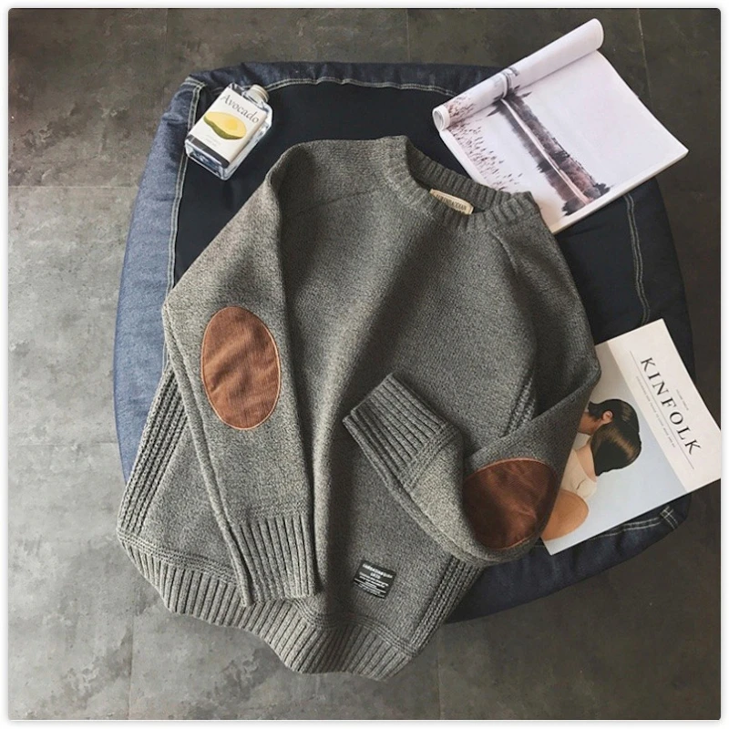 

Winter Thickened Round Neck Knitted Sweater Gentleman Patch Casual Tide Thread Vintage Pullover for Autumn Plus Size 5XL