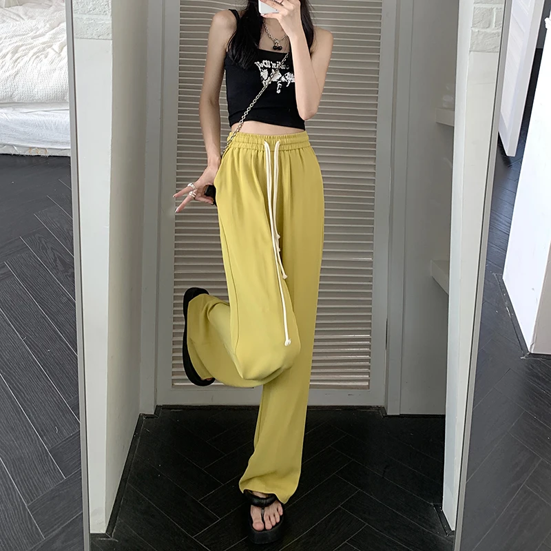 

Large Size Summer Fat Draping Effect High Waist Elastic Double Drawstring Solid Color Casual Pants Wide Leg Pants for Women