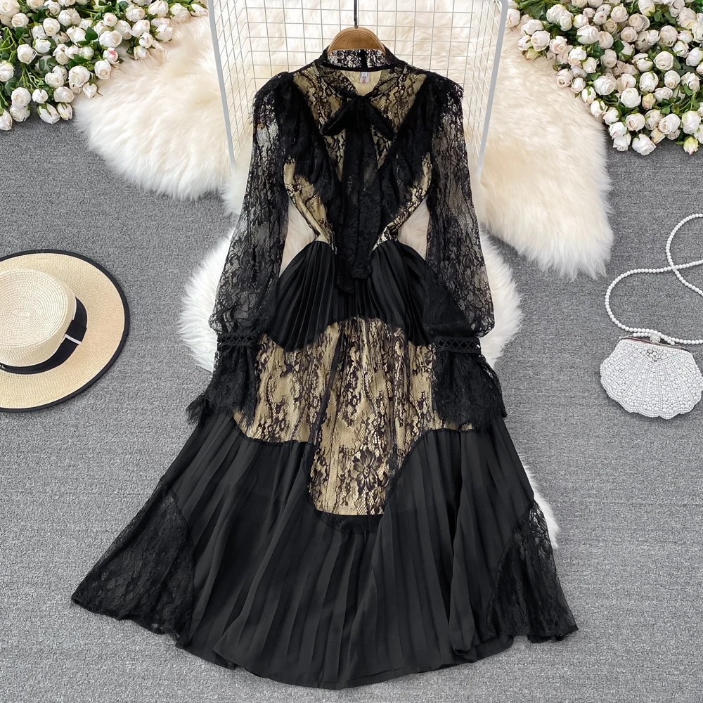 

FTLZZ Spring Autumn New Women Bow Tie Lace Up Long Sleeve Lace Stitching Pleated Dress Casual Loose Elegant A-line Dresses