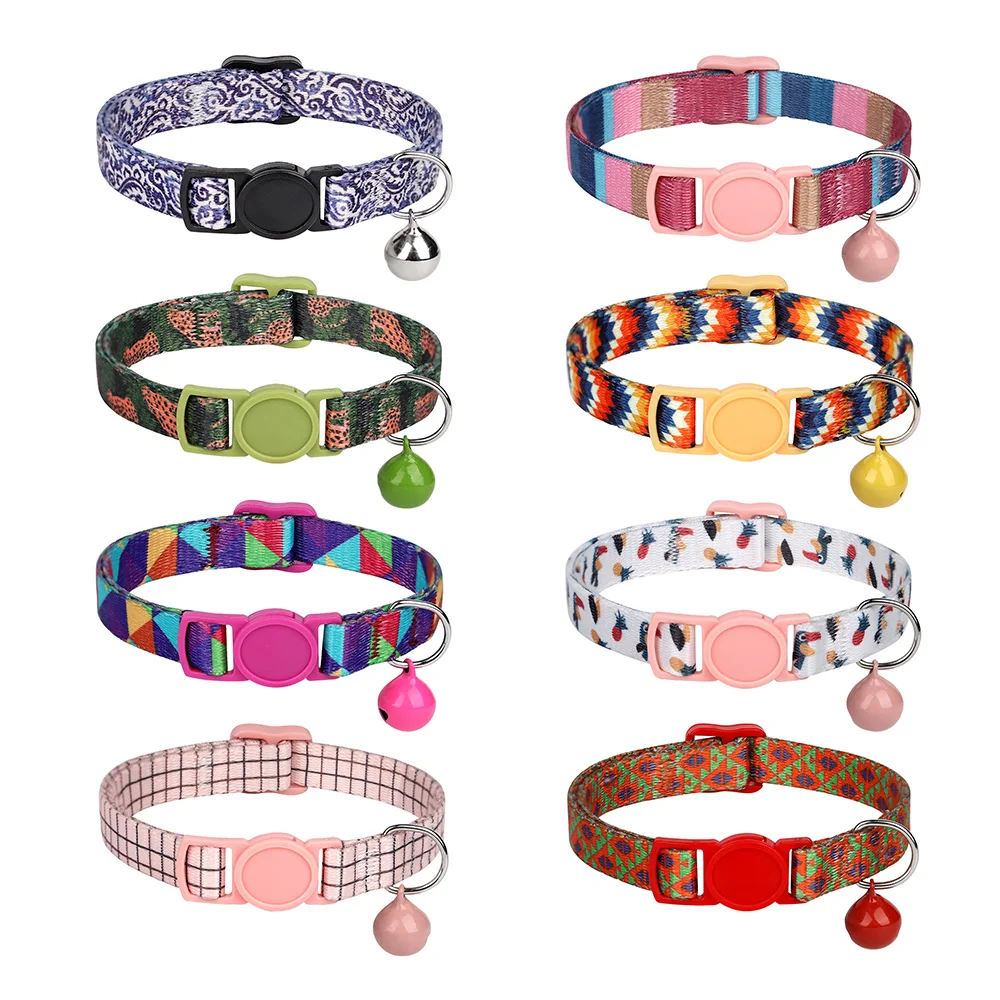 Nylon Cat Collar Quick Release Cat Collars Safety Kitten Puppy Collars Necklace With Bell Adjustable Cat Accessories 