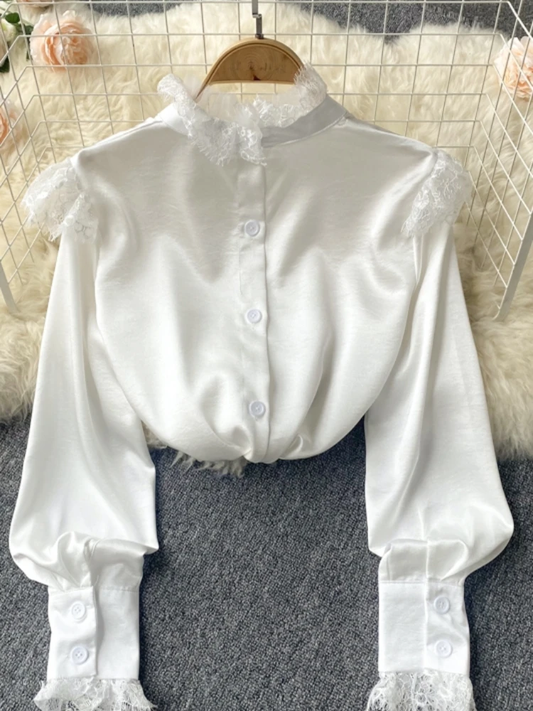Женская атласная блузка с воротником-стойкой однотонная приталенная из шифона