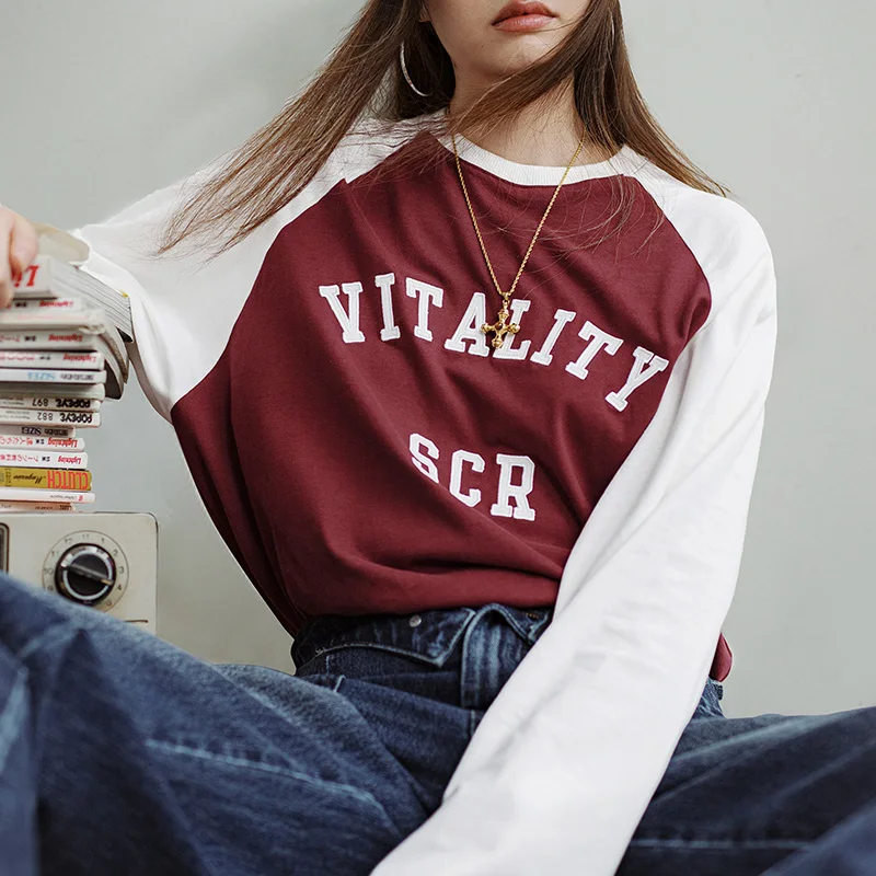 Женская хлопковая футболка с длинным рукавом Maden бордовые Топы контрастных