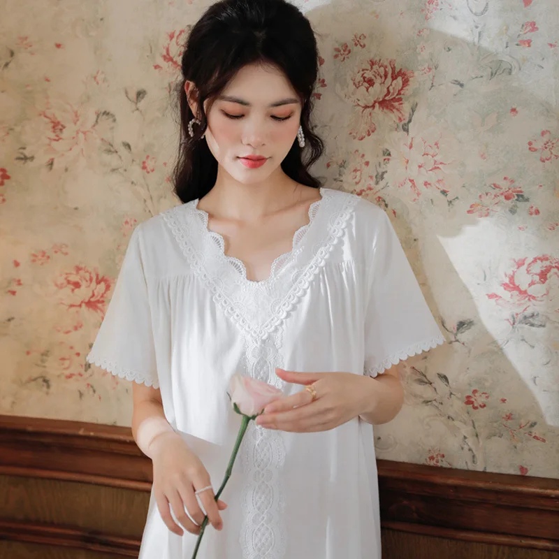 Cotton Short Sleeve Night Dress Women White Fairy Long Peignoir Loose Robe Vintage Lace Victorian Nightgowns Princess Sleepwear