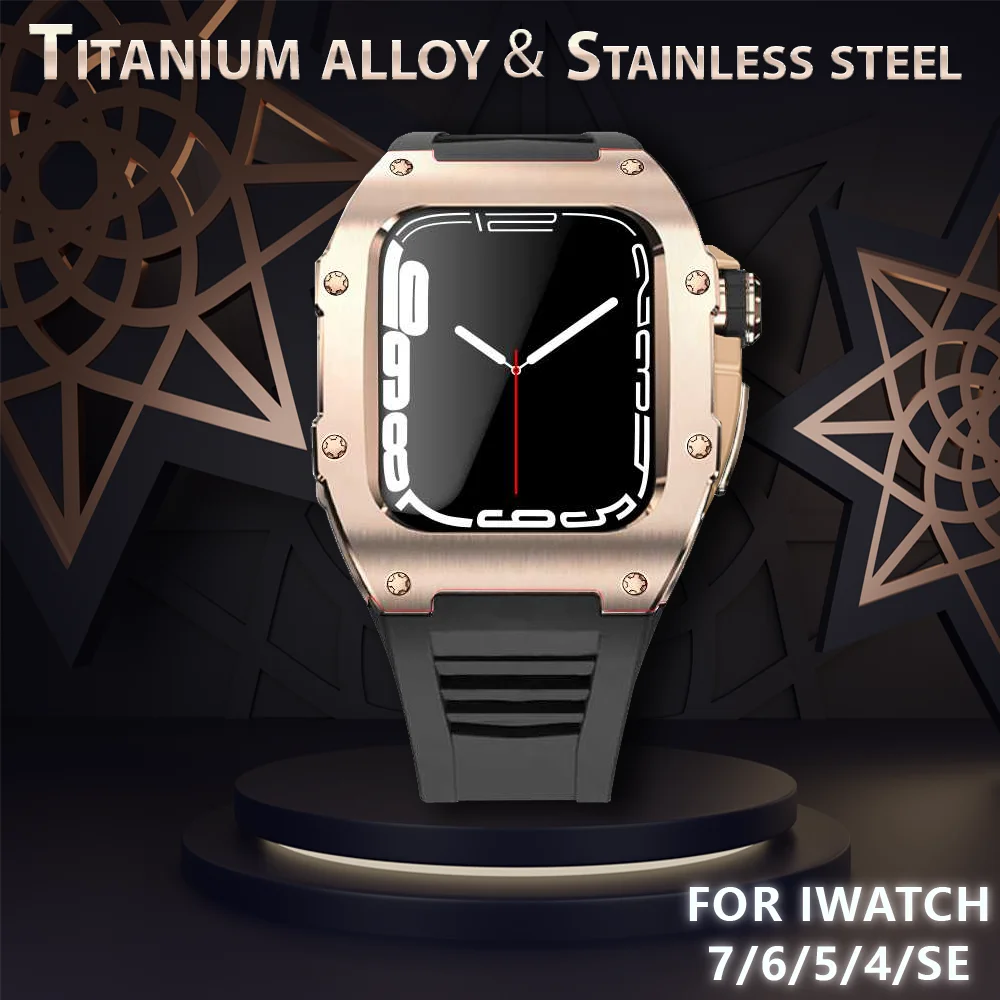 Stainless Steel Bezel Fluorine Rubber Strap for Apple Watch Series 7 6 5 4 Se Metal Frame for IWatch 44MM 45MM Diy Accessories