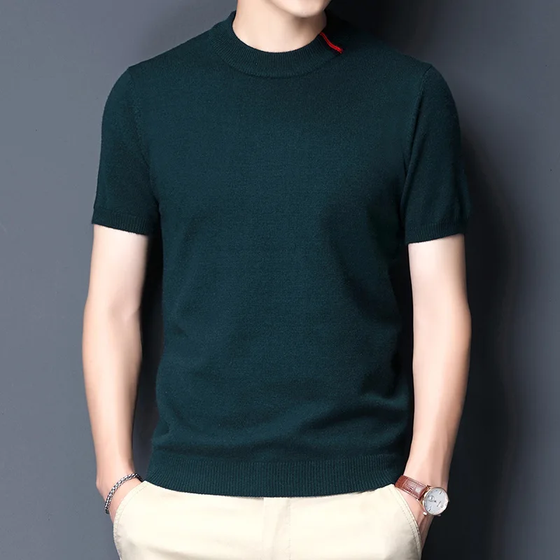 

Мужская Однотонная футболка с коротким рукавом, свитер для отдыха, модная рубашка с рукавом до локтя, футболки с высоким воротником, Новинка...