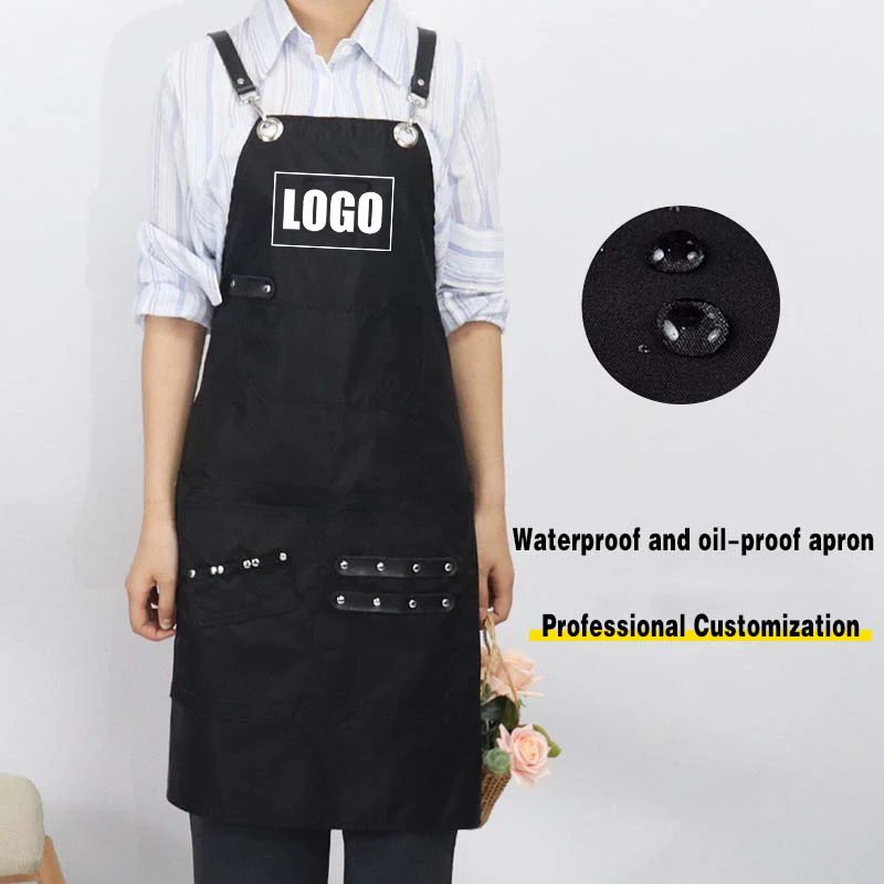 

Custom Logo Waterproof Bibs Coffee Shop Hairdresser Slit Overall Chef Adjustable Beauty Nail Salon Barber Leather Straps Apron