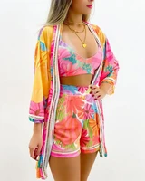 tropical print 3 piece shorts set women summer 2022 new fashion sexy cropped top and shorts set with shirt