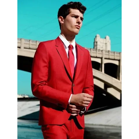 Мужской комплект из двух предметов, красный пиджак с высоким воротником с вырезом на шее и однобортные брюки, официальный костюм для свадебного торжества