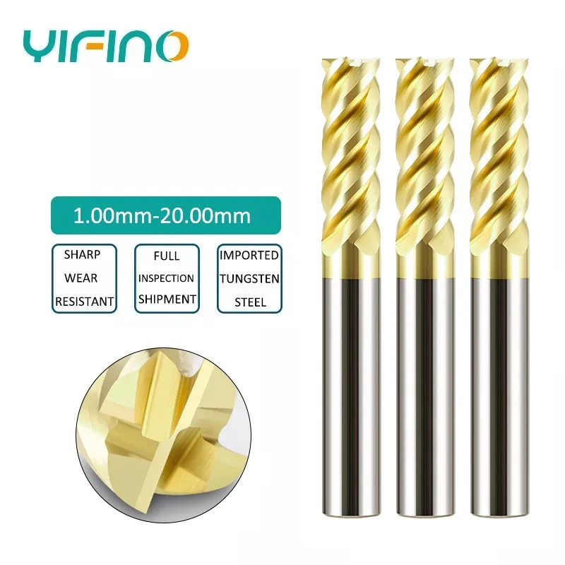 YIFINO HRC68 4-Blade Tungsten steel Carbide  Milling Cutter Tools CNC Mechanical End Platinum For Stainless Steel Milling cutter