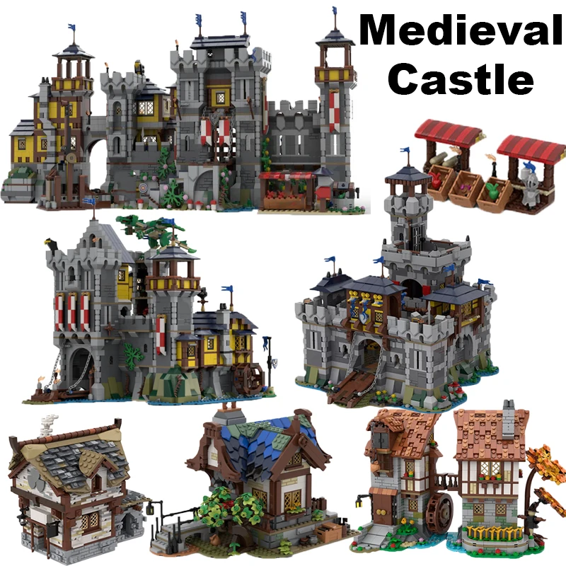 

Конструктор MOC военный средневековый замок серии строительные блоки вид на улицу Рыцари городская стена сельская гвардия крепость паб оружие Кирпичи Игрушки