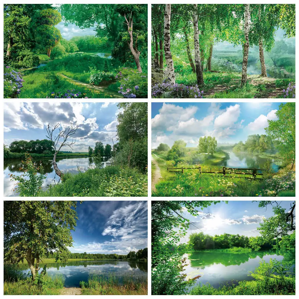 

Green Spring Lake River Backdrops Photography Forest Decoration Natural Green Grass Flowers Studio Photo Booth Backgrounds Props