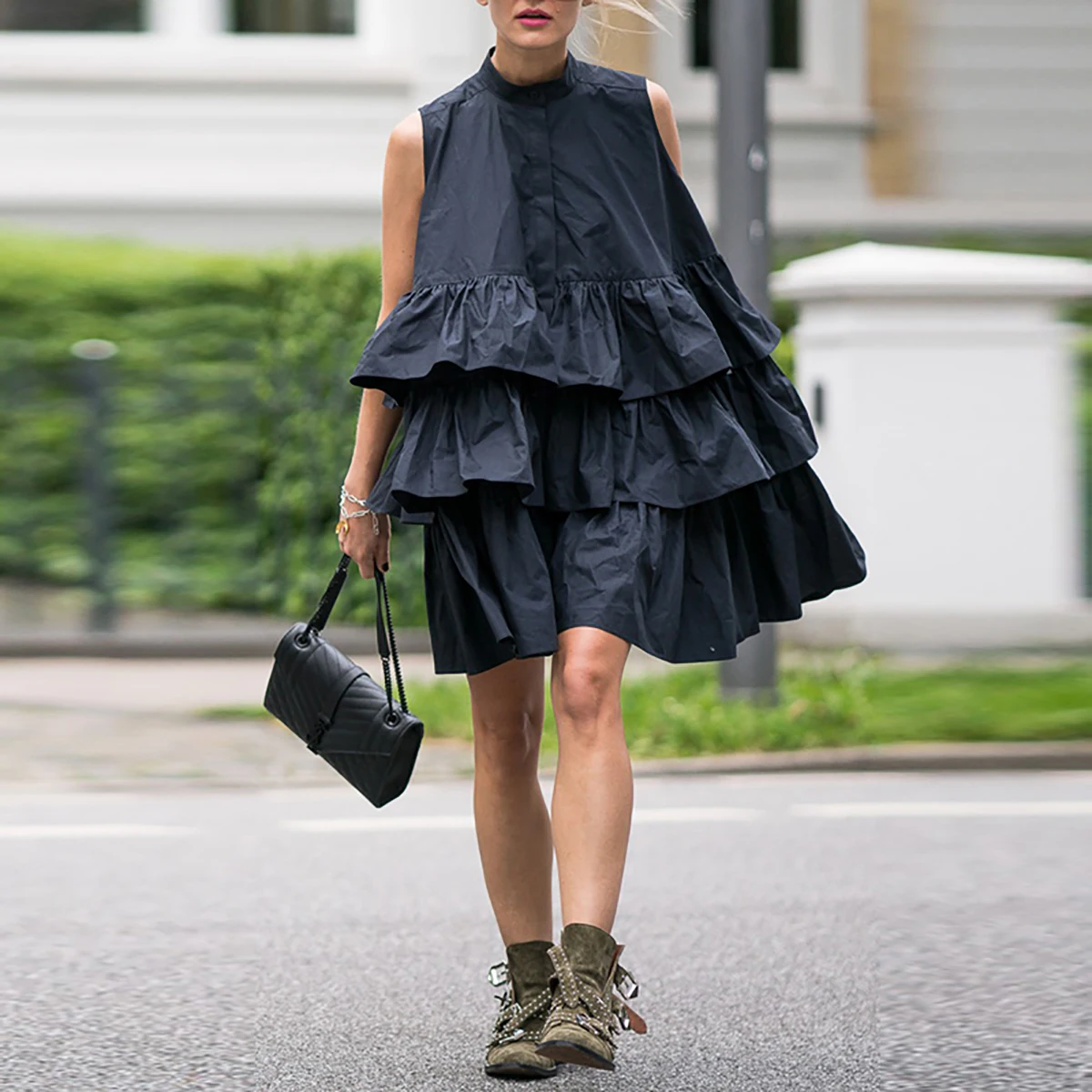 

Yeezzi Female Dresses Vintage Traf Original Stylish Solid Color Falbala Stand Collar Sleeveless Mini Dress for Women 2023 New